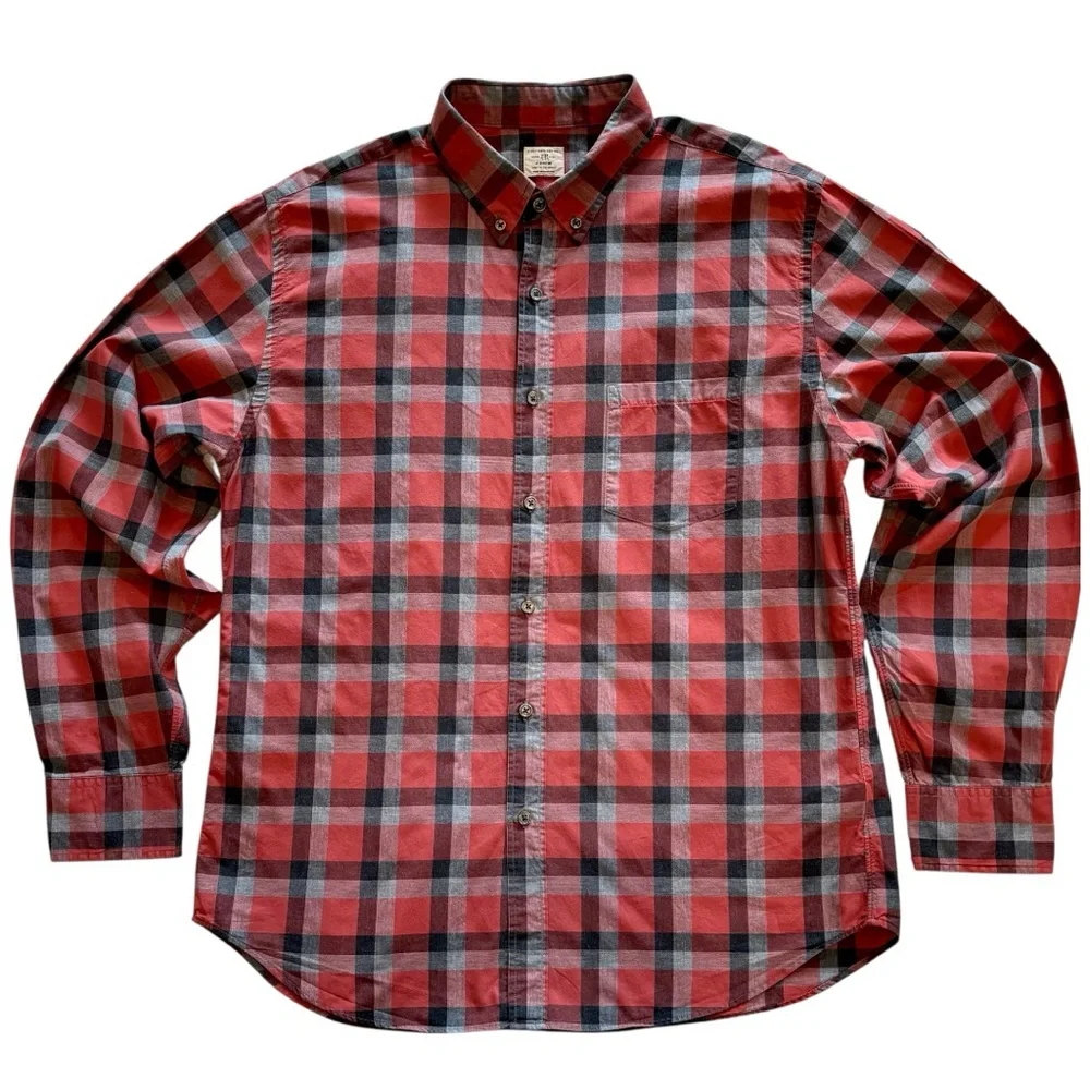 J.Crew 2-Ply Cotton Button Down Shirt Red Gray Black Check Plaid Long Sleeve L